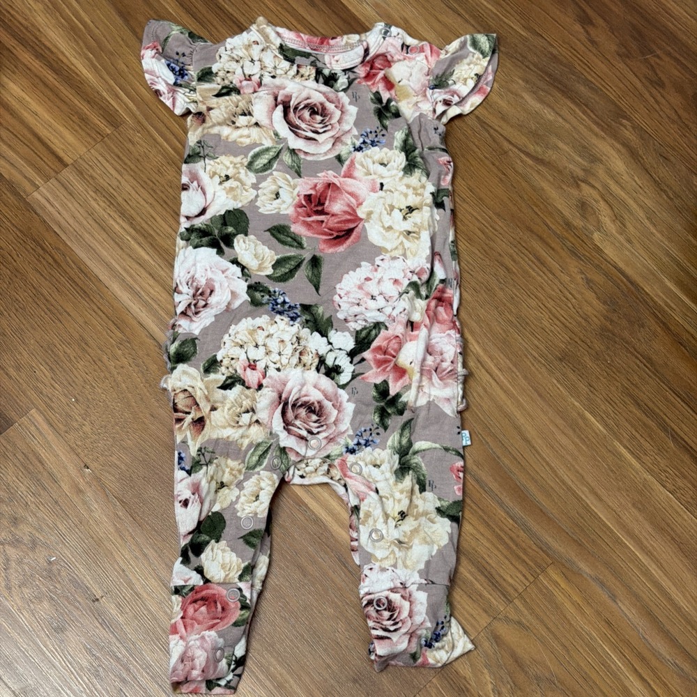 Posh Peanut Baby Girls 3-6 Months Floral Roses Ruffle Bum Romper Outfit Bamboo